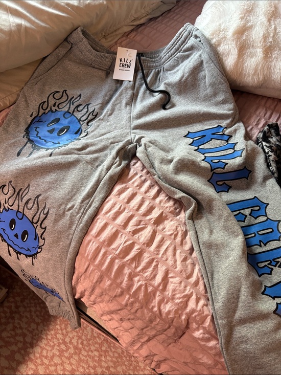 Kill Crew Pants - Kill Crew Gray Sweatpants with Blue Flame Smiley Graphics